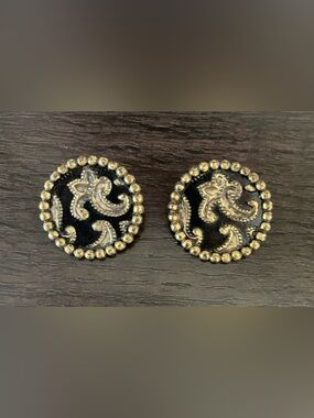 VTG Bergere Gold and Black Paisley Pierced Earrings